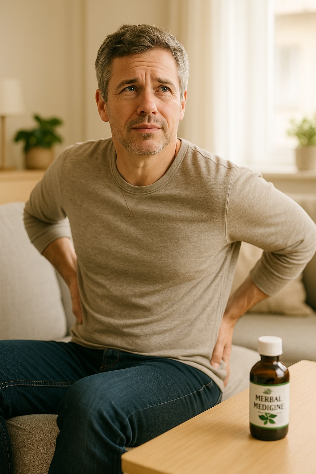 Realistic photo of a person experiencing discomfort while sitting, subtly holding their lower back. The setting is a bright, modern living room. The person looks concerned but also hopeful. In the background, there's a bottle of herbal medicine. The lighting is soft and warm. Focus on conveying the emotional state of the person, not explicit details.