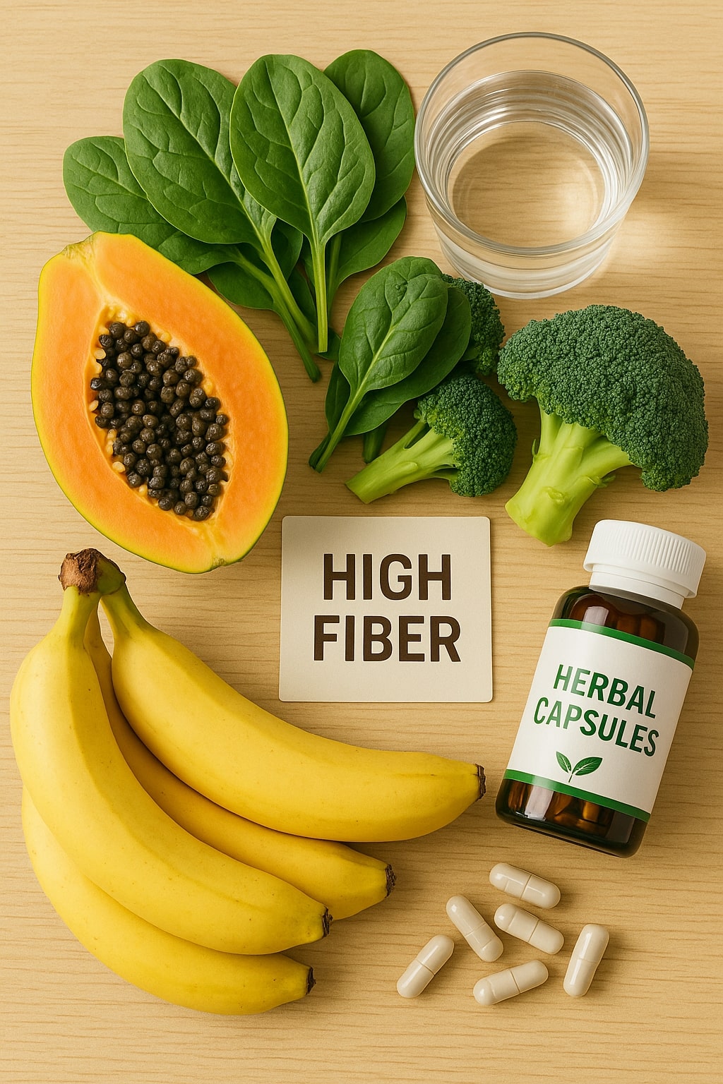 A clean, minimalist flat-lay photo showing a pile of high-fiber foods (fruits like papaya, banana; vegetables like spinach and broccoli) and a glass of water next to a bottle of herbal capsules. The background is a simple wooden table, and the lighting is natural and bright.