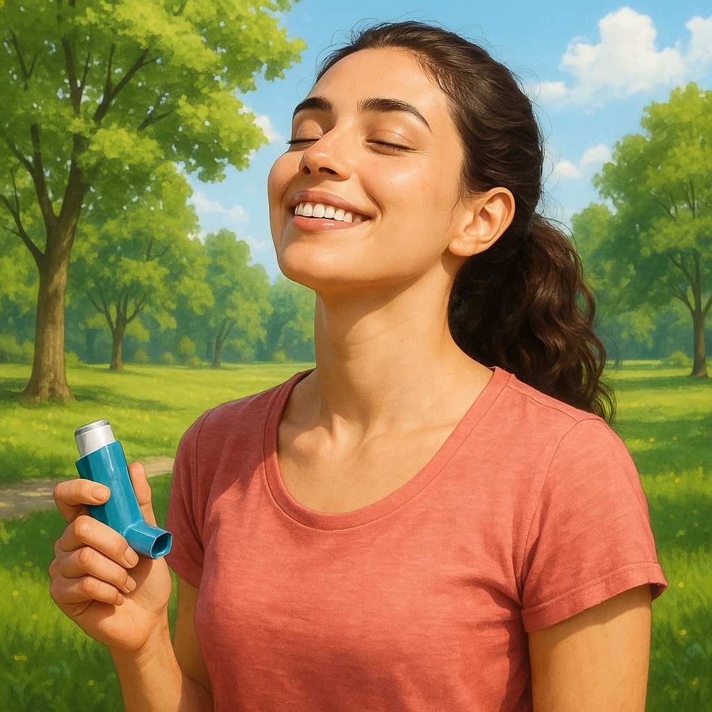 Prompt: Ilustrasi realistis seorang wanita muda (20-an) yang tersenyum lega sambil menghirup udara segar di taman hijau yang cerah, tangannya memegang inhaler tetapi tidak menggunakannya. Fokus pada ekspresi wajahnya yang damai dan pemandangan yang menyegarkan. Gaya seni digital, detail tinggi, warna-warna cerah dan alami.