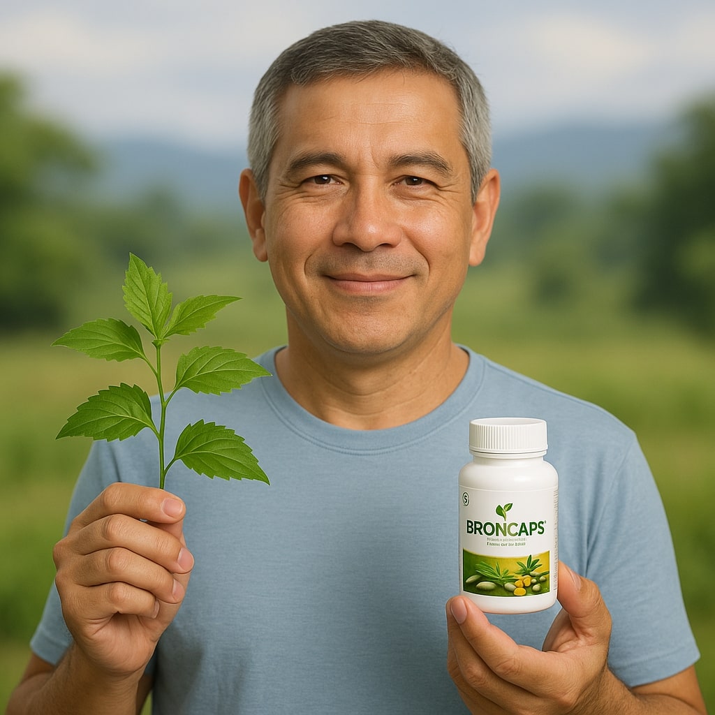 Prompt: Seorang pria paruh baya yang sedang memegang tanaman herbal Srigunggu di satu tangan dan kapsul BRONCAPS di tangan lainnya, dengan latar belakang alam yang menenangkan. Ekspresinya menunjukkan keyakinan dan kesehatan. Gaya foto studio, kualitas tinggi, fokus pada detail produk dan tanaman.