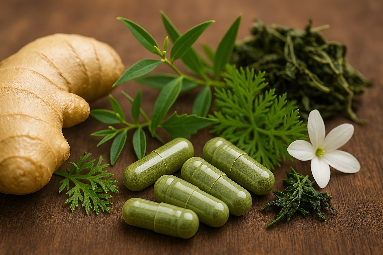 Foto close-up makro dari berbagai bahan herbal yang disebutkan dalam artikel (jahe, sambiloto, srigunggu, cakar ayam) ditata secara estetis di atas meja kayu. Ada beberapa kapsul herbal di antara bahan-bahan tersebut, dengan cahaya lembut menyorotinya. Latar belakang kabur, fokus pada tekstur dan warna bahan-bahan. Gaya fotografi produk, detail tinggi, pencahayaan alami.