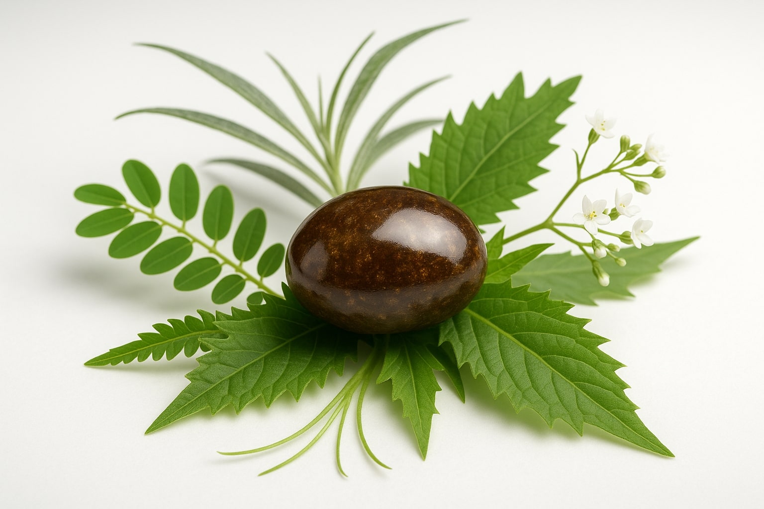 AI Image Prompt: A close-up, dramatic studio photo of a single, shiny kidney stone resting on a cluster of five specific herbal plants: a leafy branch of meniran, long strands of kumis kucing, jagged keji beling leaves, pointed tempuyung leaves, and small, delicate white flowers of rumput mutiara. The lighting is soft and focused, creating a sense of natural efficacy. The background is a clean, medical-style white.