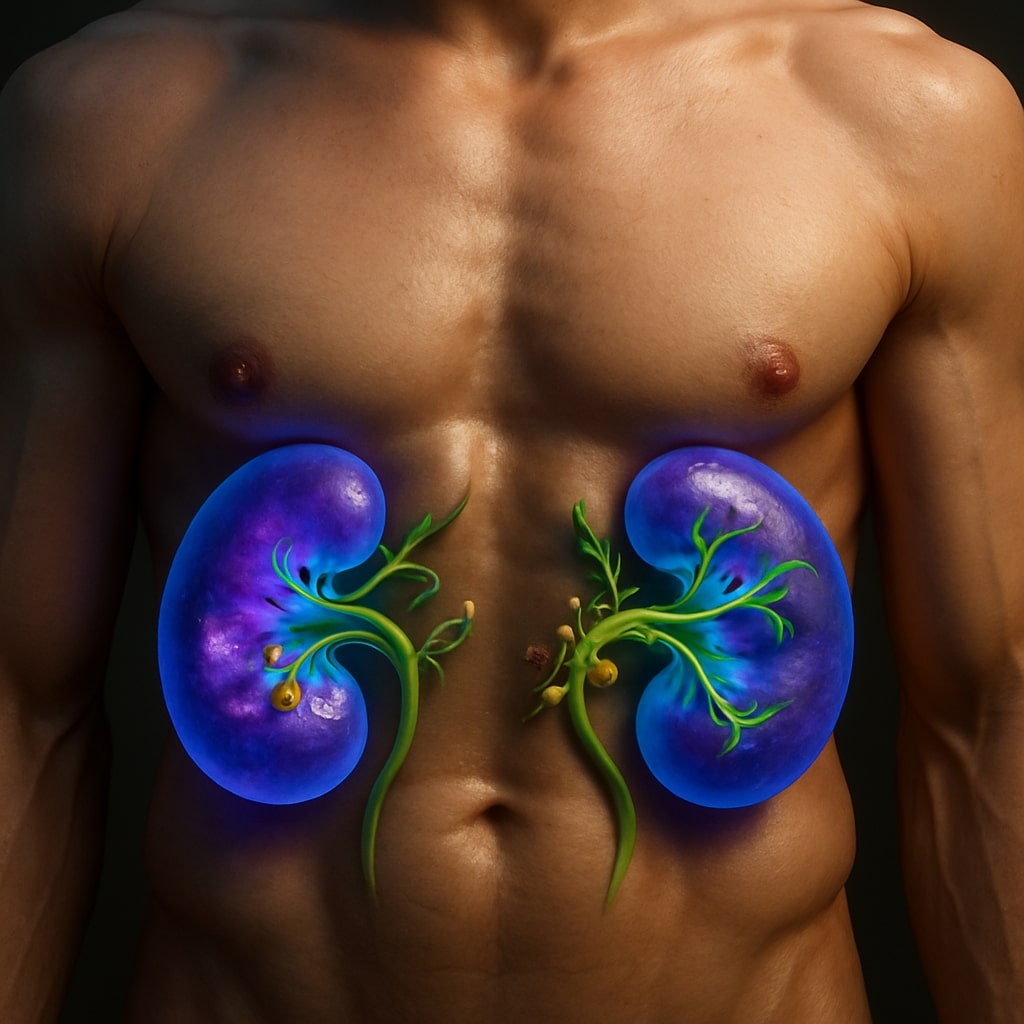 AI Image Prompt: A hyper-realistic image of a stylized human torso, with a glowing, intricate network of blue and purple light representing the kidneys. Inside one kidney, small, jagged, glowing crystals (kidney stones) are being broken apart by gentle, green, herbal tendrils. The overall tone is magical and scientific, symbolizing the power of herbal remedies. The style is 3D digital art, with high detail and soft lighting.