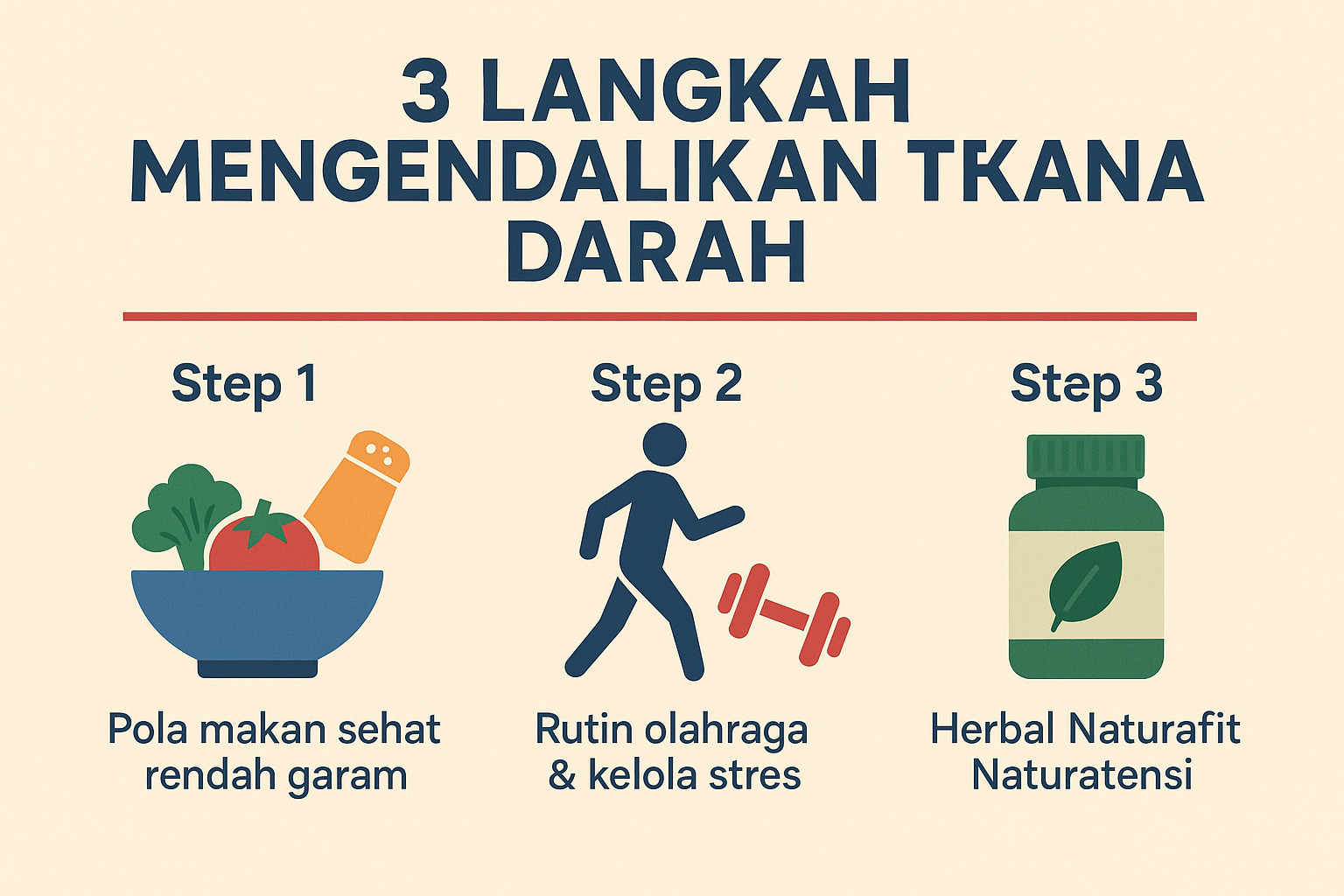 gambar ilustrasi infografis 3 langkah mengendalikan tekanan darah