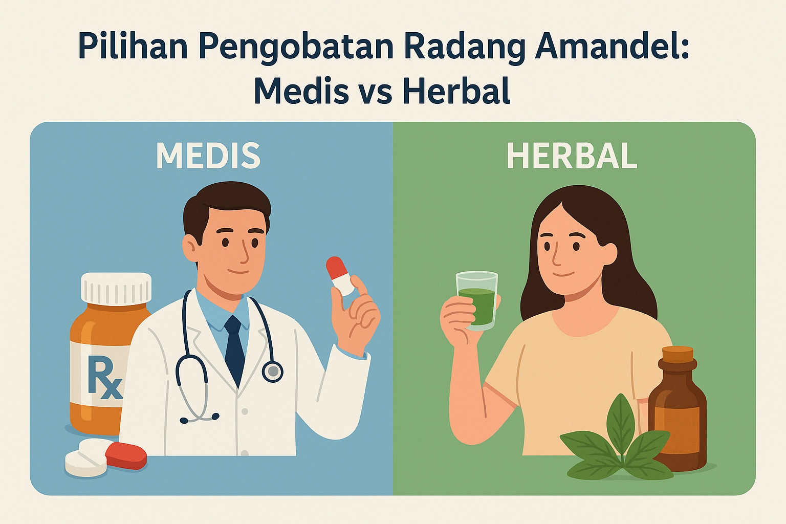 gambar ilustrasi pilihan pengobatan radang amandel herbal vs kimia