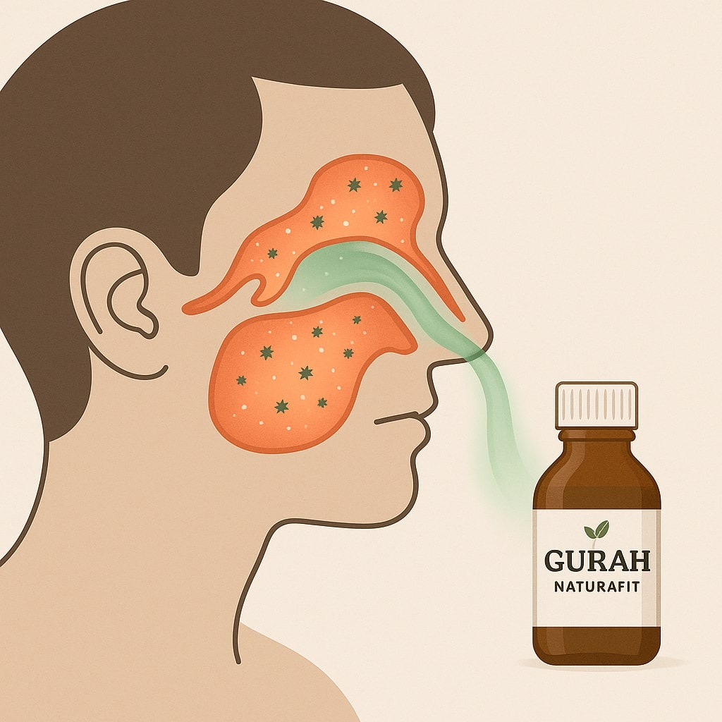 An illustration of a side-profile of a person's head with a transparent, glowing section showing their nasal passages and sinuses. The image should depict inflammation in the sinus cavity with a light red or orange glow, and small, animated particles representing bacteria or irritants. A gentle, calming green mist or light from a bottle of "Gurah Naturafit" is shown flowing into the nasal passages, signifying the soothing and healing effect. The style should be modern, clean, and minimalist with a focus on health and science.