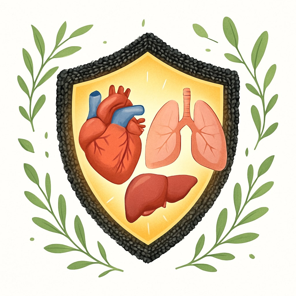 Visual: A vibrant and modern illustration of the human body's organs (heart, liver, lungs) being protected by a shield made of black cumin seeds. The shield glows with a warm, healthy light. The background is a clean, white medical infographic style, with subtle green herbal motifs. The style is friendly and easy to understand.