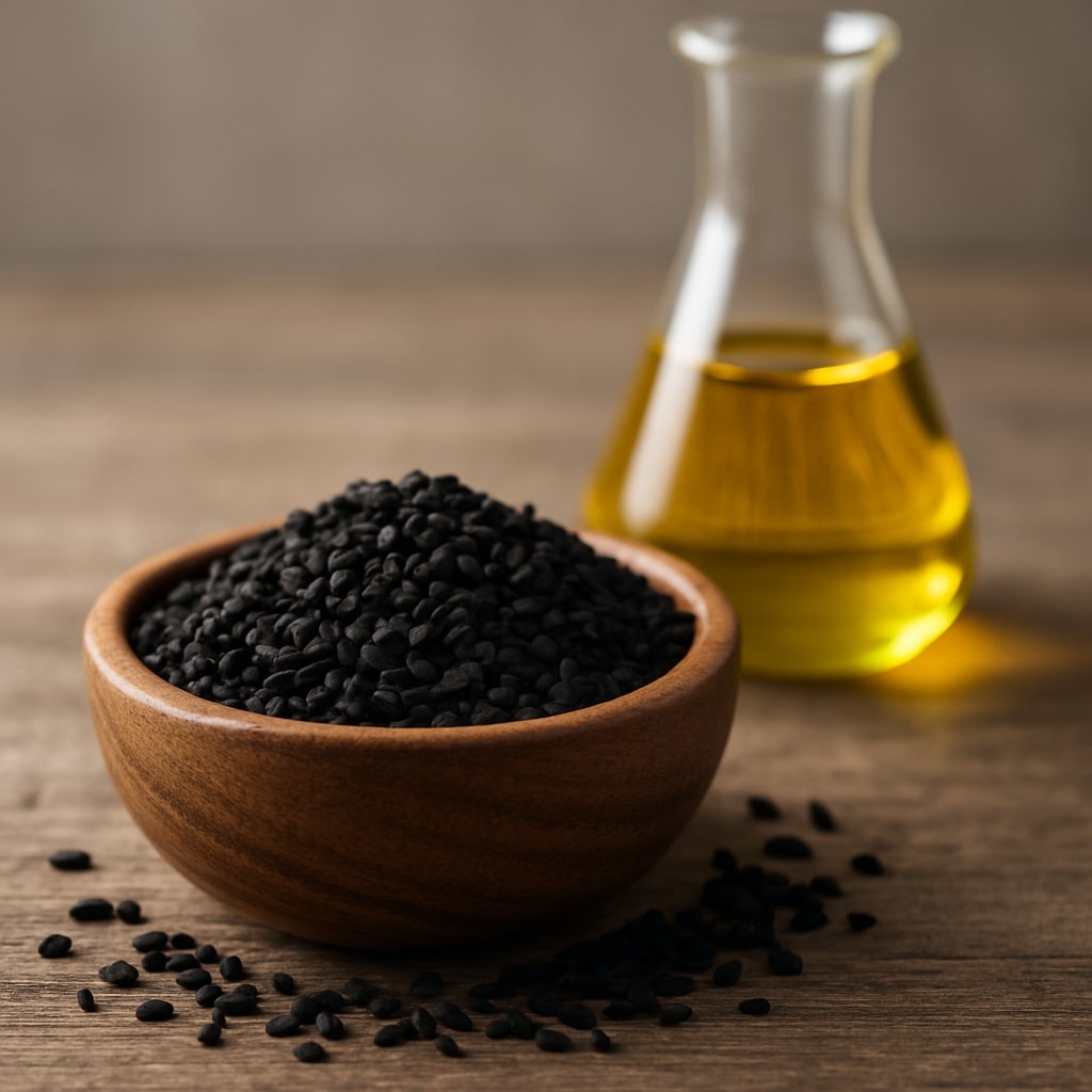 Visual: A close-up, high-definition shot of black cumin seeds (habbatussauda) in a small wooden bowl, placed on a rustic table with a modern, elegant scientific flask in the background. The flask contains a golden liquid, representing the oil. The setting is clean and minimal, with soft, natural lighting. The overall mood is sophisticated and trustworthy
