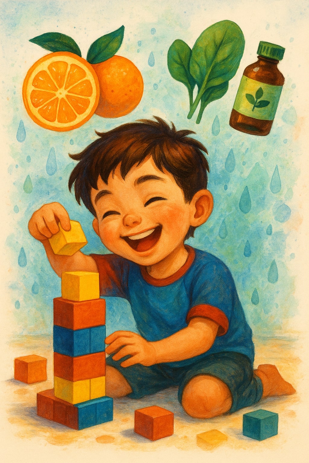 A vibrant and dynamic digital painting of a child playing happily indoors with colorful building blocks, surrounded by floating illustrations of healthy foods like oranges, spinach, and a bottle of herbal supplement. The child's face is radiant with health and energy. The background should be a subtle, watercolor-style backdrop with droplets of rain, symbolizing protection from the weather. The overall style should be playful and modern.