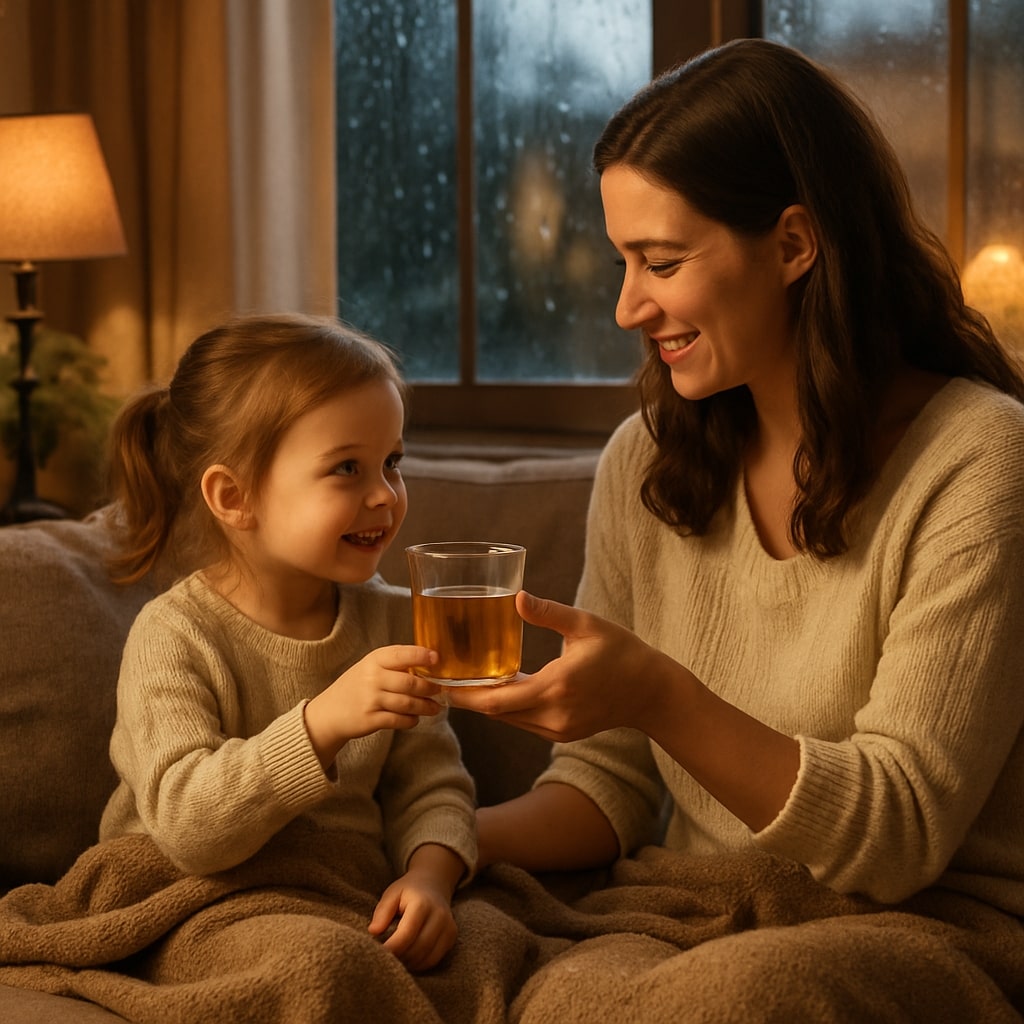A warm and cozy illustration of a mother and her young child (around 4-6 years old) sitting together in a living room on a rainy day. The mother is smiling while giving the child a glass of a warm, herbal-looking drink (e.g., golden-colored ginger or turmeric drink). The child is looking at the mother with a happy, trusting expression. The scene should feel safe, nurturing, and full of love, with soft, gentle lighting coming from the window showing rain outside.