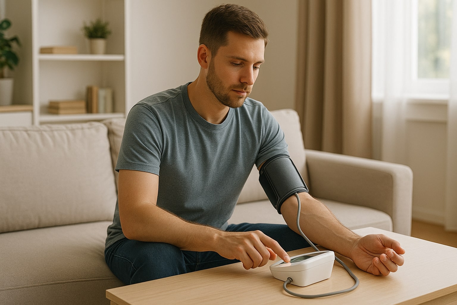 A modern, clean-cut image of a person checking their blood pressure with a digital monitor at home. The background is a tidy living room, suggesting that health monitoring is an easy and regular part of daily life. The person looks focused but calm, not stressed.