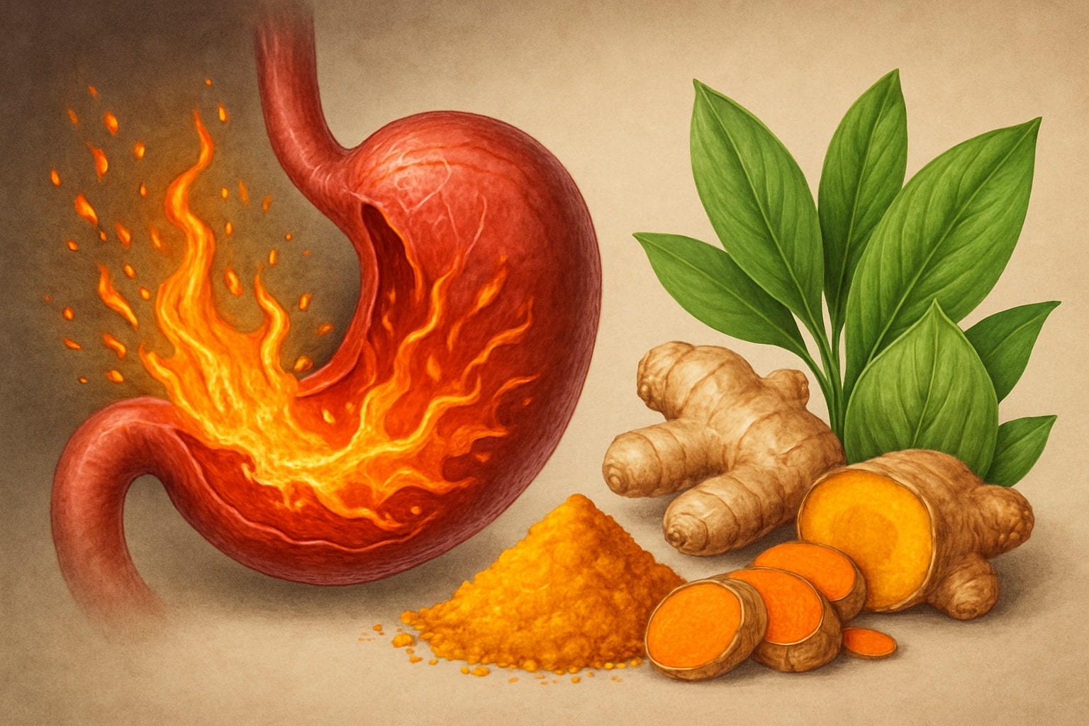Gaya ilustrasi realistis. Gambar bagian dalam lambung yang merah dan meradang, dengan percikan asam lambung yang terlihat seperti api. Di sampingnya, tampilkan bahan-bahan alami seperti kunyit, jahe, dan temulawak yang terlihat menenangkan peradangan tersebut.
