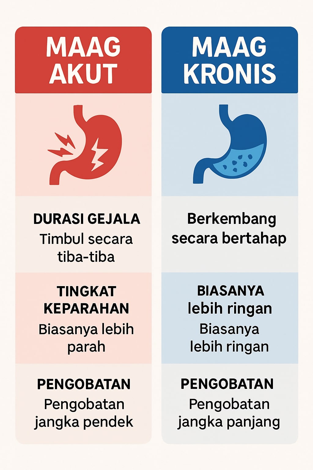 Buat infografis dengan format perbandingan. Gunakan dua kolom: satu untuk "Maag Akut" dan satu untuk "Maag Kronis." Bandingkan keduanya berdasarkan beberapa kriteria, seperti: Durasi, Gejala, Tingkat Keparahan, dan Penanganan. Gunakan ikon dan warna yang berbeda untuk membedakan kedua kondisi secara visual.