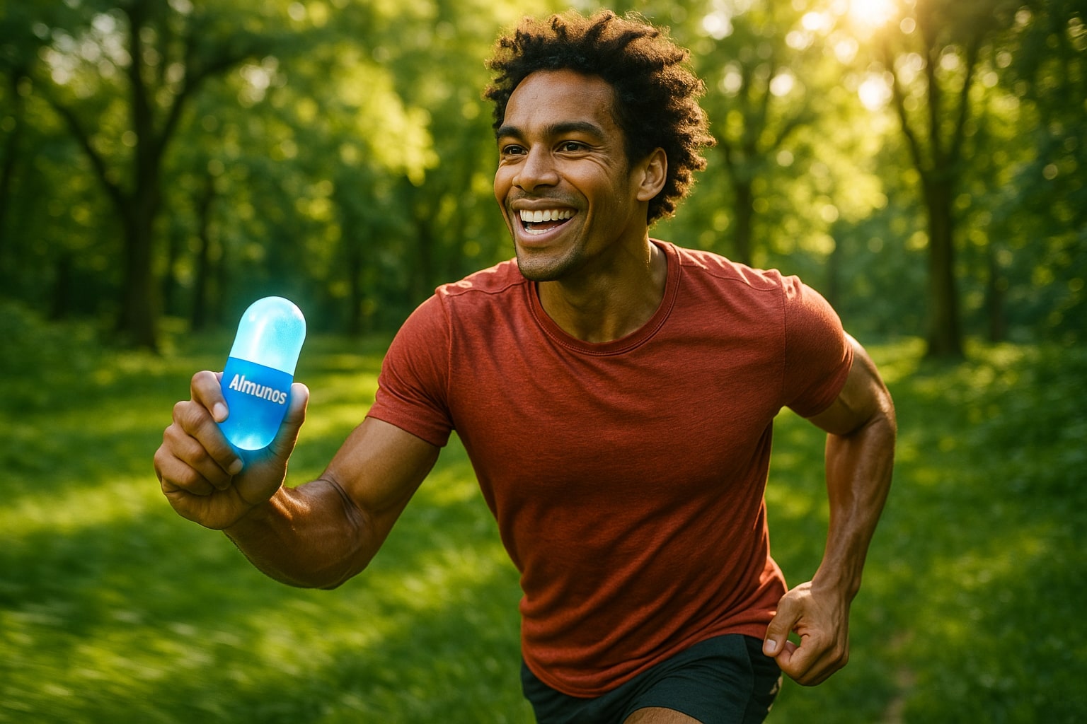 hyperrealistic image of a person, full of life and energy, running in a lush, green park. Sunlight filters through the trees, creating a warm, healthy glow. In their hand, they hold a single, glowing capsule of Almunos. The focus is on the feeling of vitality and protection. (Style: Hyperrealistic, Cinematic, Vibrant Colors) 
