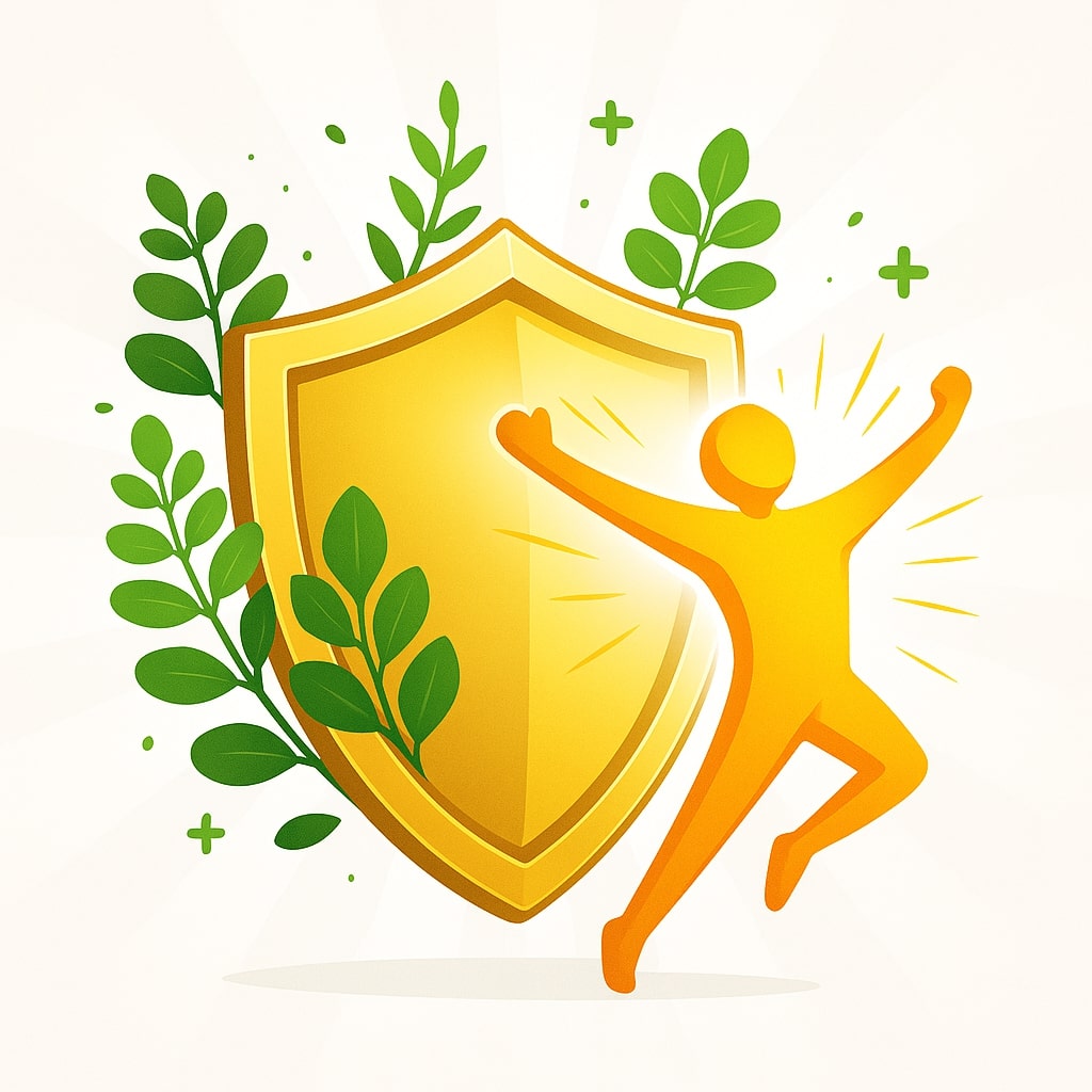 visually compelling and modern infographic depicting the human immune system as a strong, golden shield protecting a healthy, energetic person. On the shield, there are illustrations of meniran and moringa leaves, symbolizing their role in strengthening immunity. The background is clean and bright. (Style: Modern, Clean, Vector Graphic)