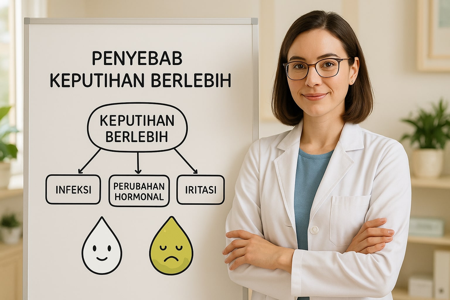 A highly detailed and realistic image of a female figure standing in front of a white board. On the white board, there's a simple diagram or flowchart explaining the causes of excessive vaginal discharge. The woman should look knowledgeable and confident. The art style should be clean, modern, and friendly. The background is a health clinic or a cozy, bright room. --ar 16:9 --v 5.2