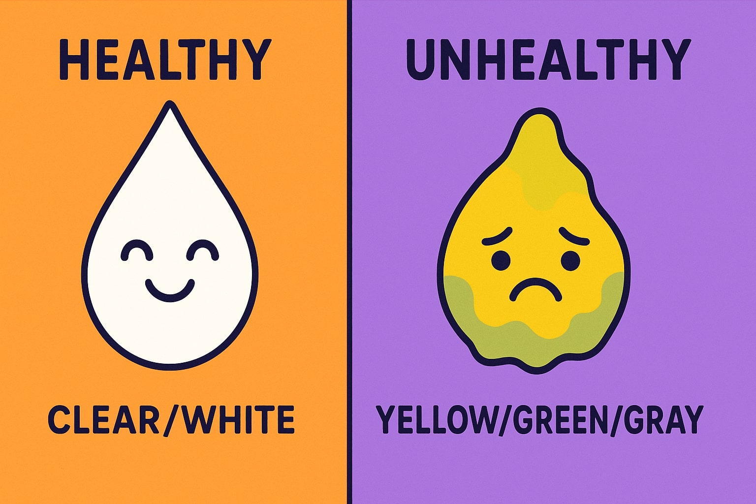 A vibrant, minimalist illustration depicting the distinction between healthy and unhealthy vaginal discharge. On the left side, a simple, clean, and happy-looking icon or droplet represents a healthy state (clear/white color). On the right side, a less pleasant, colorful icon represents an unhealthy state (yellow/green/gray) with a sad face. Use bright, contrasting colors and a clean line-art style. --ar 16:9 --v 5.2