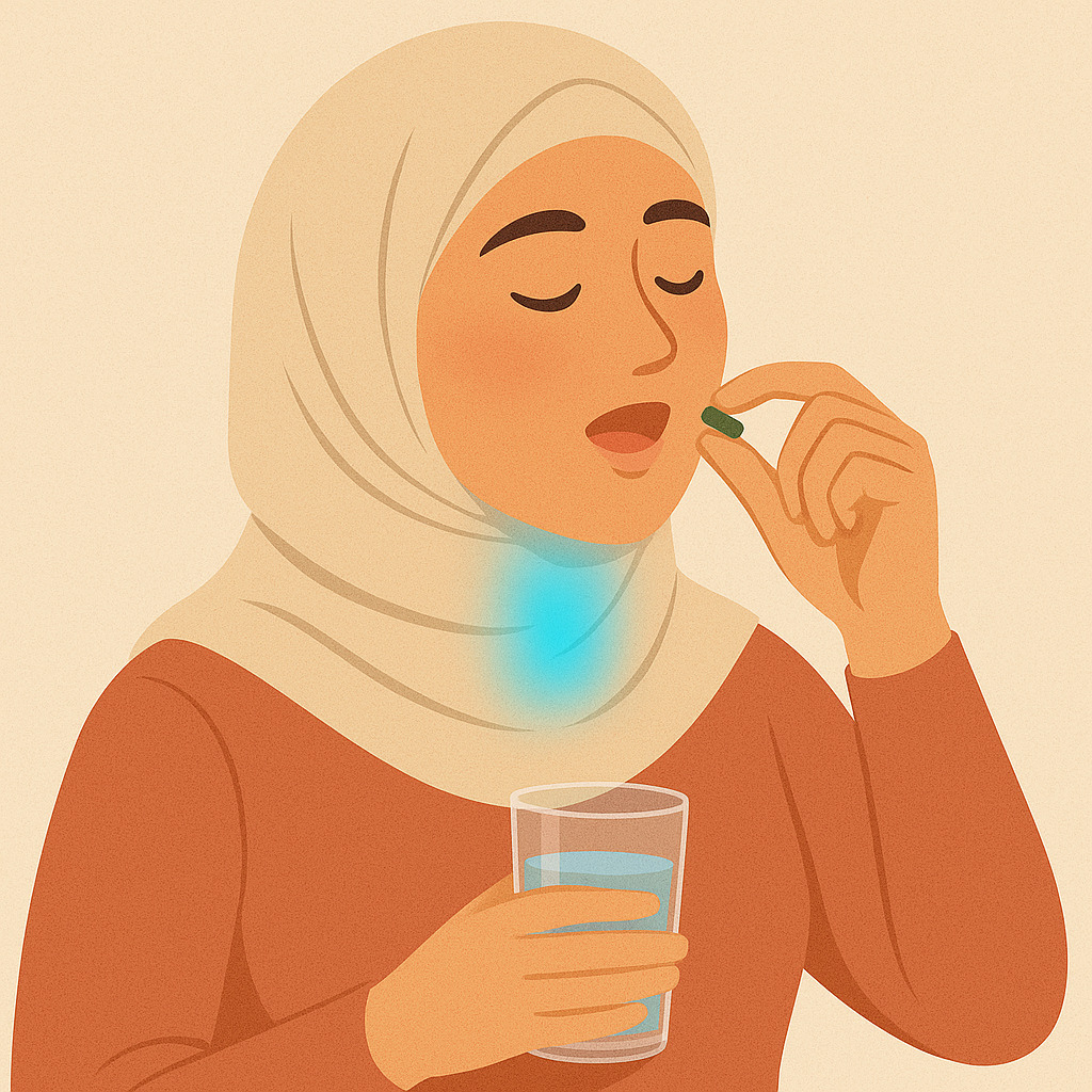 gambar ilustrasi muslimah minum kapsul kesehatan tenggorokan