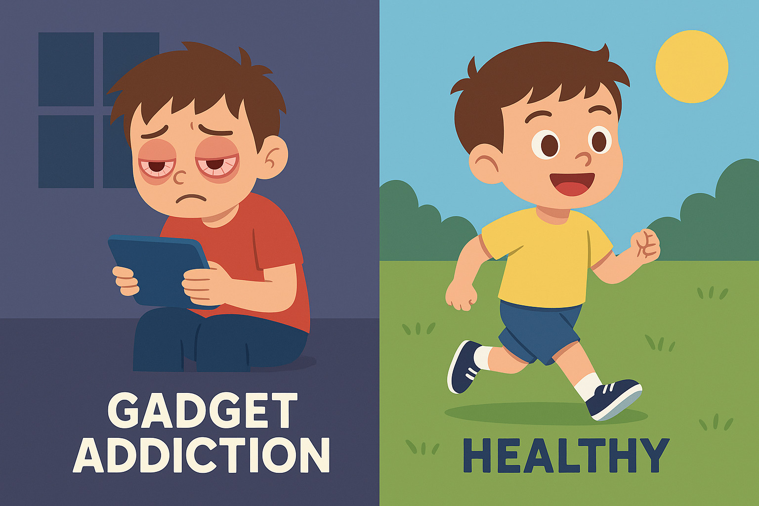 gambar ilustrasi perbedaan anak kecanduan gadget dengan tidak