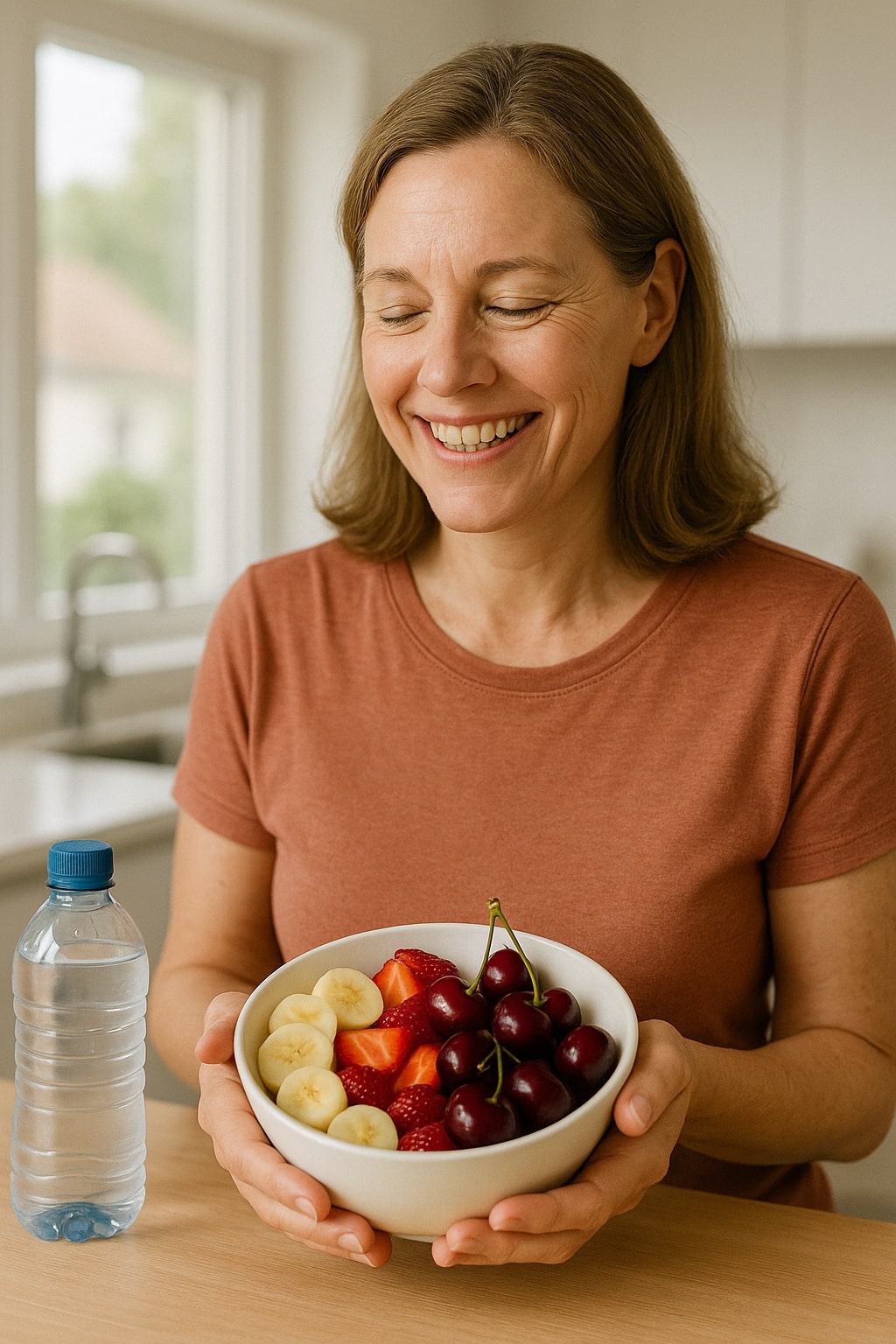 a person smiling and looking healthy, holding a bowl of fresh fruit. The background is a clean, modern kitchen with a large window, and the light is soft. The focus is on the person's expression of wellness and relief. The image includes subtle visual cues related to a healthy lifestyle, like a water bottle nearby. The style is warm, inviting, and realistic.