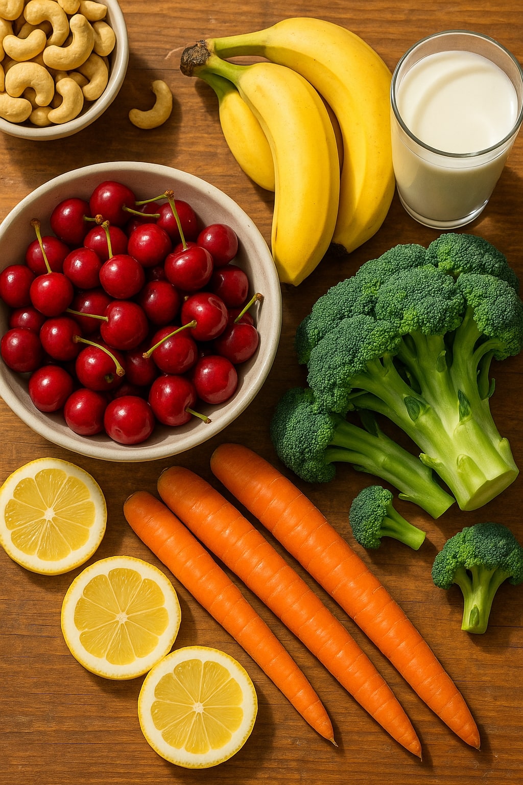 a vibrant, top-down view of a wooden table filled with a colorful array of fresh foods known to be good for gout patients, such as a bowl of bright red cherries, a bunch of ripe bananas, slices of lemon, dark green broccoli florets, carrots, and a glass of milk. The lighting is natural and bright, with a shallow depth of field to make the food pop. The style is realistic and appetizing.
