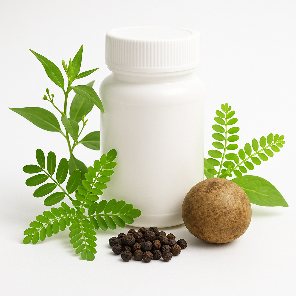 Foto produk herbal kapsul dengan label Asmurathib dikelilingi sambiloto, meniran, lada hitam, dan kepel