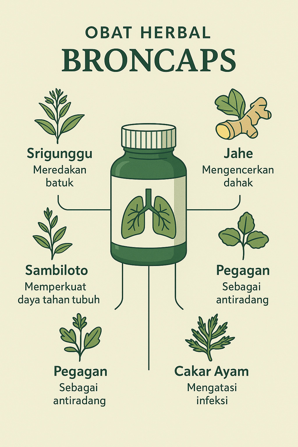 Infografis obat herbal broncaps berserta bahan-bahan herbal alaminya.