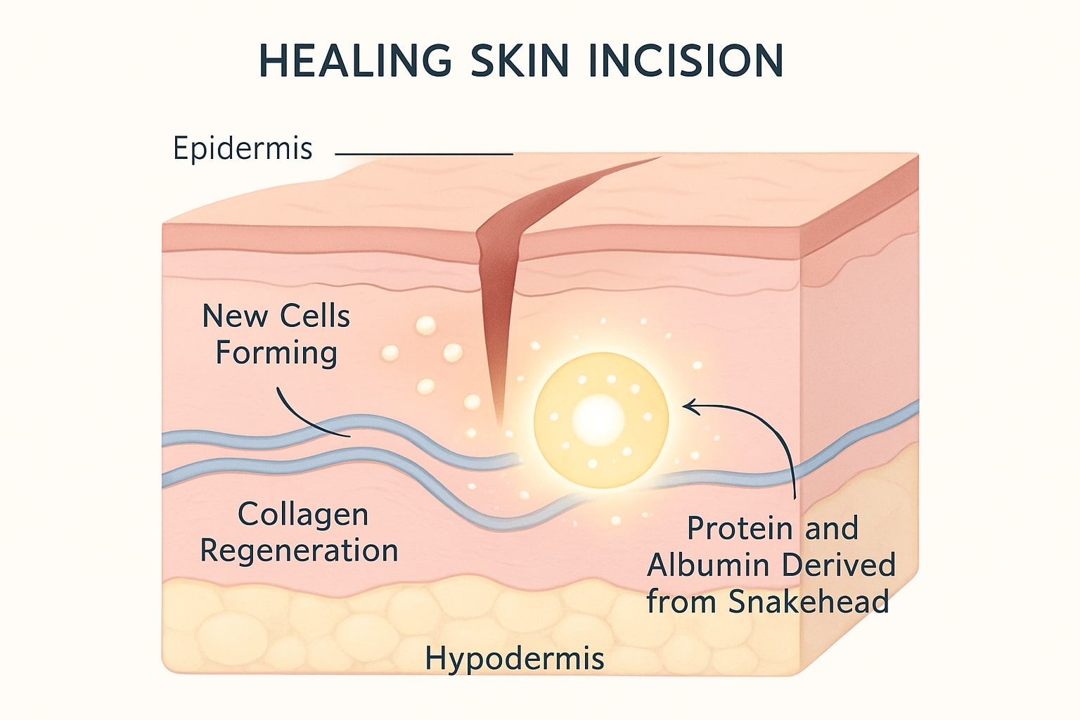 Gambar untuk bagian Manfaat: A detailed, scientific illustration in a clean and modern style. The image shows a cut-out of the human skin where a surgical incision is healing. The process of new cells and collagen fibers regenerating is depicted clearly, with small, glowing particles representing protein and albumin molecules coming from a simplified, stylized drawing of a snakehead fish. The visual should be informative and easy to understand.