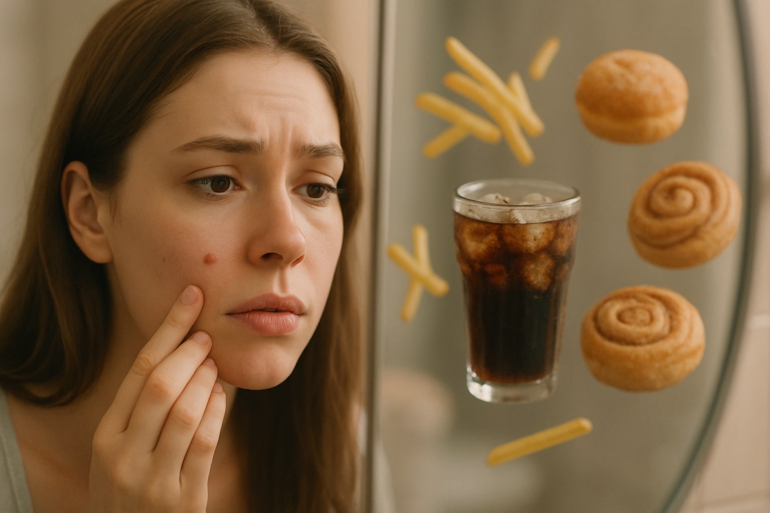 A close-up shot of a young woman looking at her reflection in the mirror, with one hand on her cheek where a pimple is visible. In the reflection, she sees an array of common foods like french fries, soda, and pastries floating around her face, subtly suggesting they are the cause. The lighting is soft, creating a slightly worried but hopeful mood. Style: realistic, detailed, with a soft focus. --ar 16:9