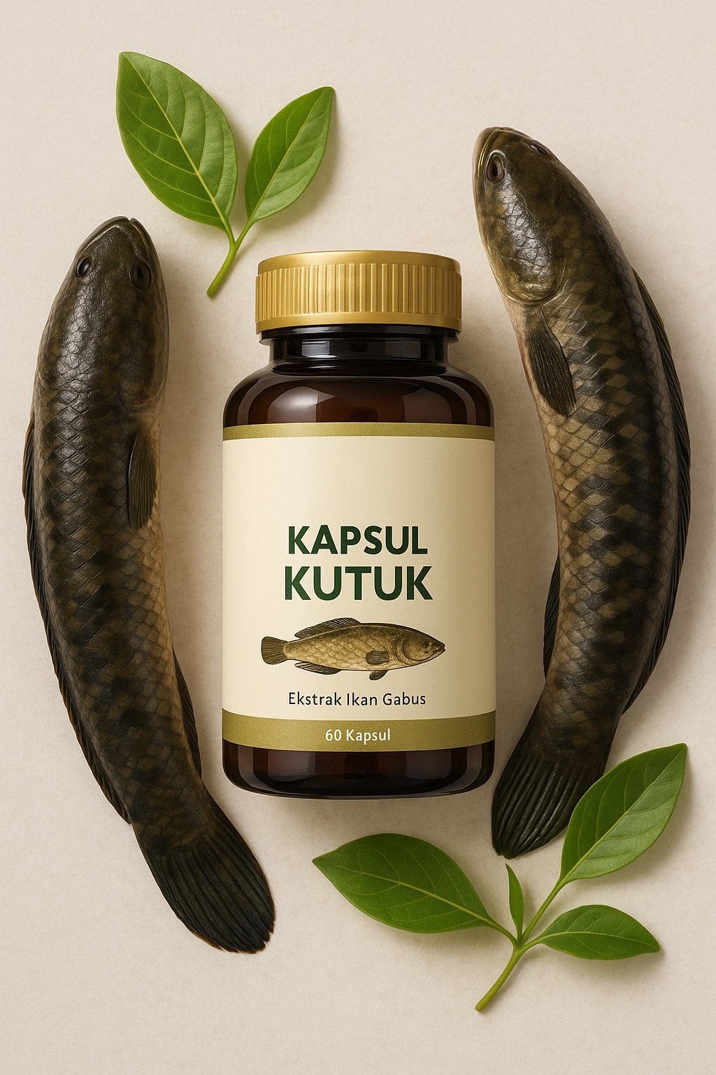 A visually appealing flat-lay arrangement featuring a single, elegant bottle of 'Naturafit Kapsul Kutuk' as the central focus. The bottle is surrounded by a few natural, rustic elements, such as raw, whole snakehead fish, and some fresh, green leaves. The lighting is soft and natural to emphasize the product's organic origin. The background is a clean, minimalist surface. Photorealistic, high detail.