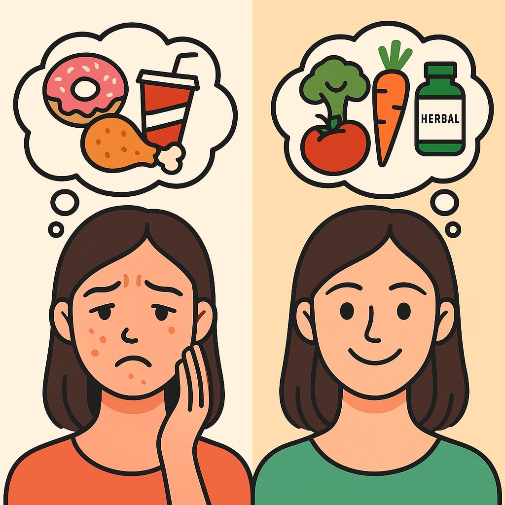 An infographic-style illustration split into two parts. The left side shows a sad, red, and inflamed face with a thought bubble filled with images of sugary donuts, soda, and fried chicken. The right side shows a happy, clear-skinned face with a thought bubble filled with images of fresh fruits, vegetables, and a herbal bottle. The overall style is modern, friendly, and simple with bright colors. --ar 1:1