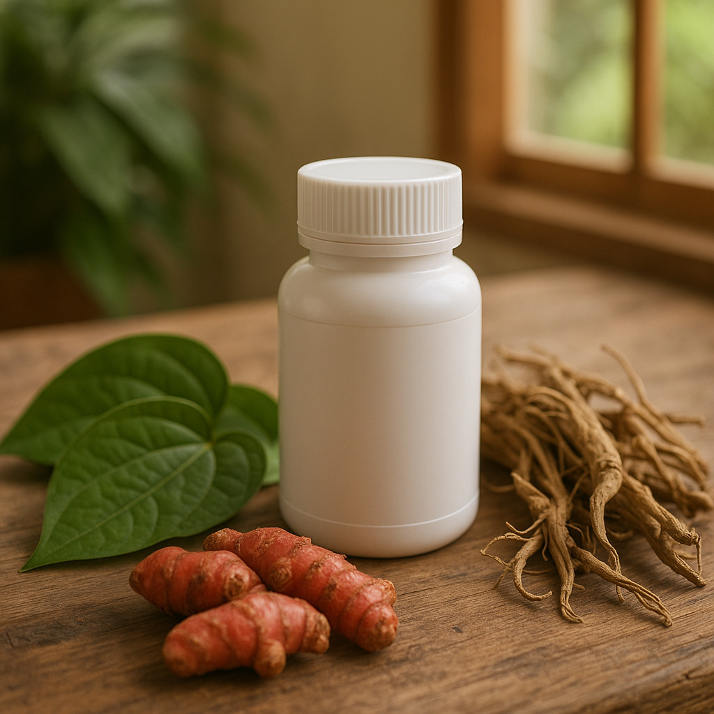 Foto botol obat herbal Broncaps Naturafit diletakkan di meja kayu, dikelilingi daun herbal seperti daun sirih, jahe merah, dan akar tanaman