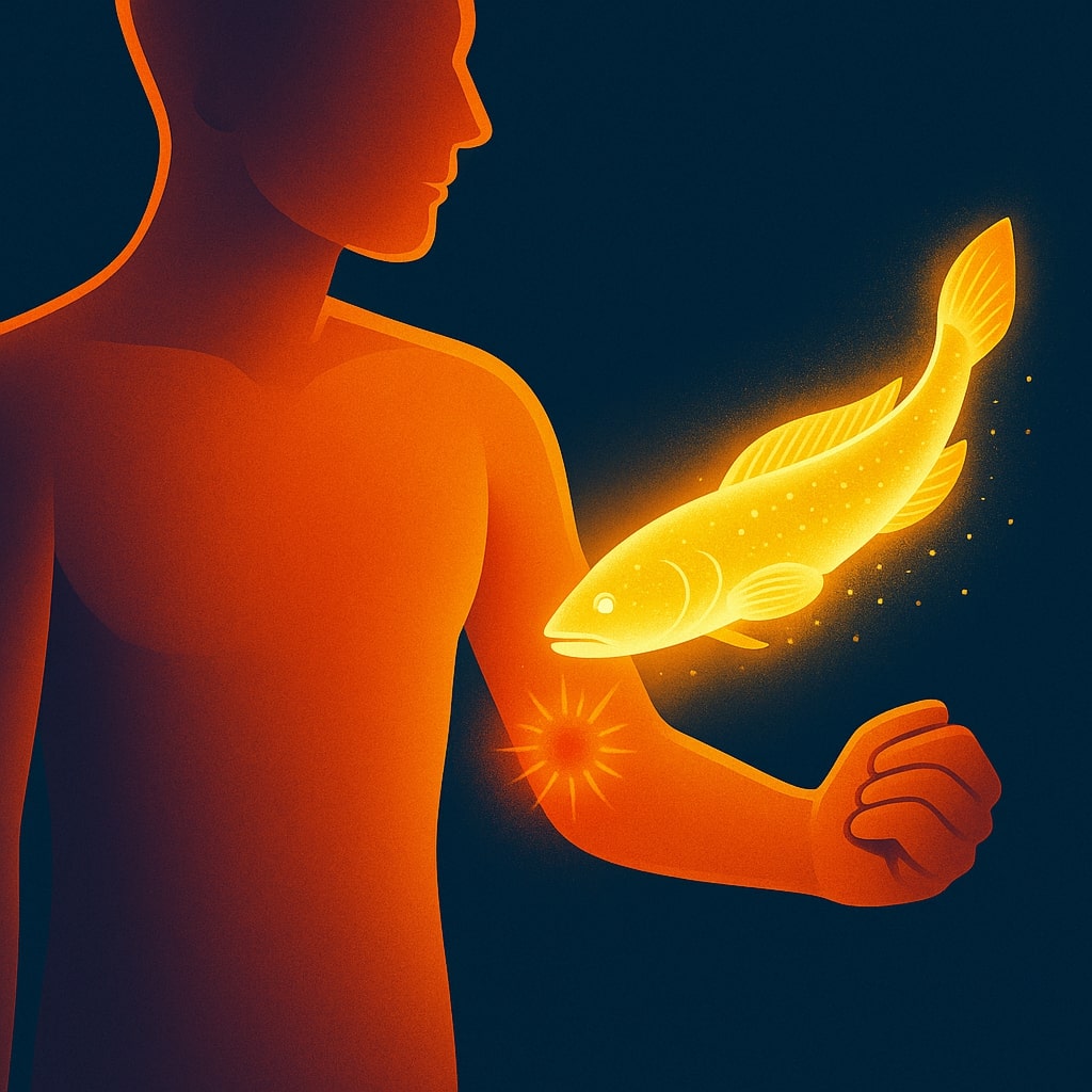 A vivid, conceptual illustration showing a person's body with a glowing wound on their arm, as a golden, energy-filled silhouette of a snakehead fish swims towards it, representing the healing power of Channa striata extract. The art style should be modern and clean, with a focus on positive, healthy vibes.