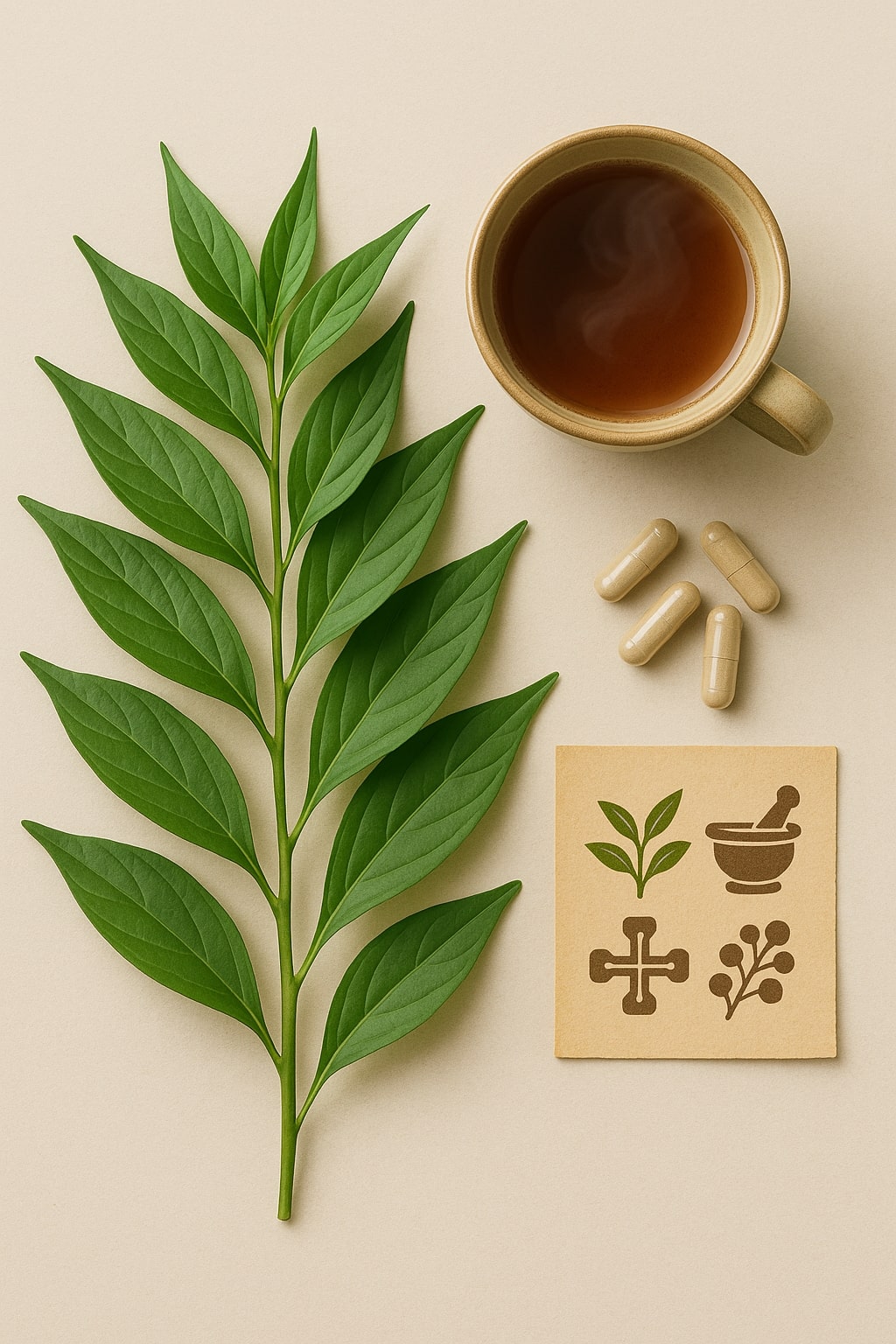 A beautiful and clean flat lay photo from a top-down view. Arrange a bunch of fresh sambiloto leaves, a small cup of brewed sambiloto tea with steam gently rising, and a few neatly placed capsules next to it. Also include a small scroll or piece of paper with traditional Indonesian herbal remedy symbols. The color palette is earthy and calm.