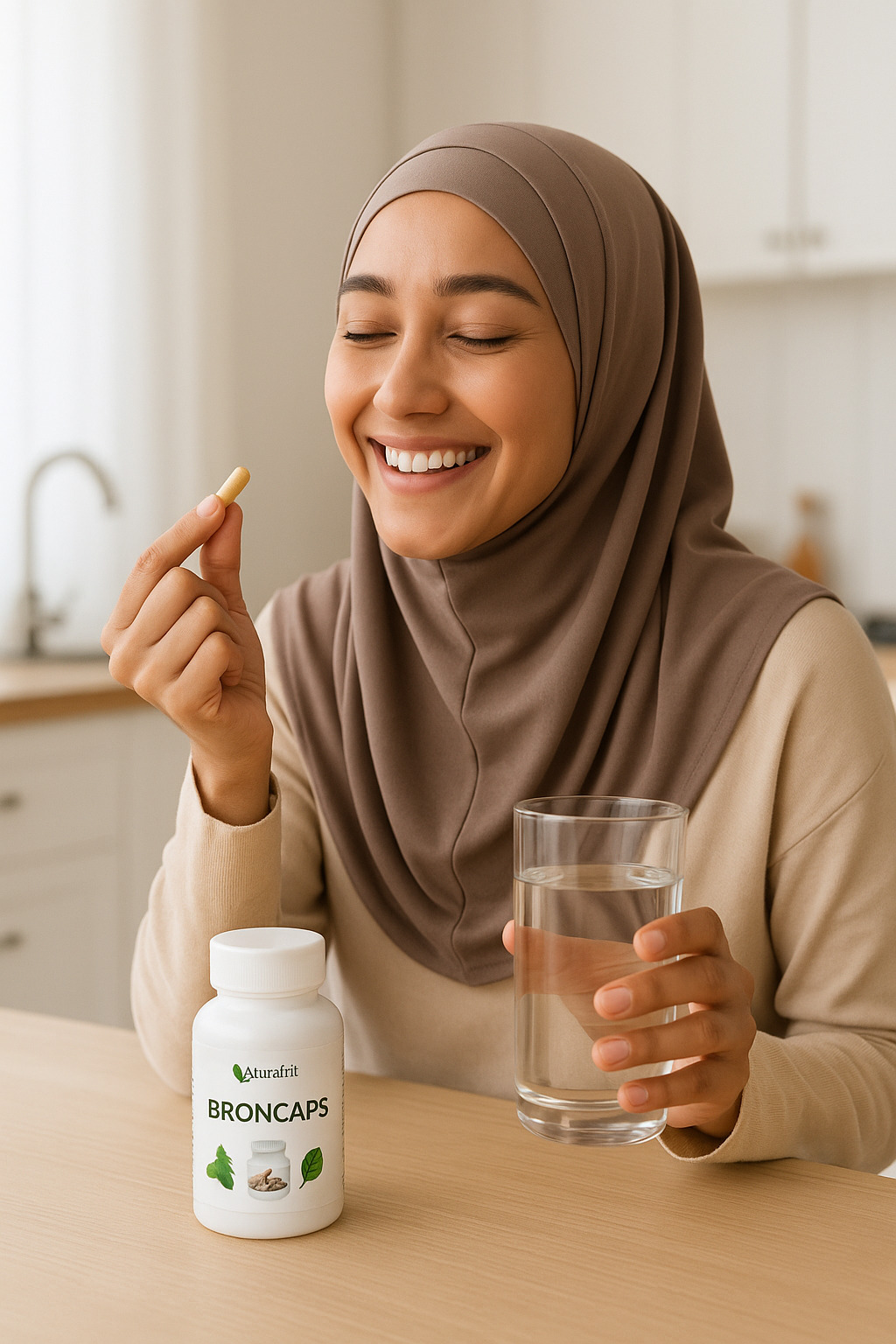 ilustrasi muslimah minum kapsul broncaps