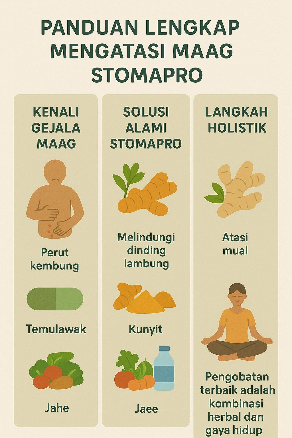 PANDUAN LENGKAP MENGATASI MAAG DENGAN STOMAPRO Visual: Ilustrasi yang terbagi menjadi tiga panel. Panel 1: Kenali Gejala Maag: Ikon-ikon kecil yang menggambarkan gejala seperti perut kembung, mual, dan nyeri. Panel 2: Solusi Alami Stomapro: Ikon-ikon Temulawak, Kunyit, dan Jahe. Jelaskan singkat masing-masing manfaatnya. Panel 3: Langkah Holistik: Kombinasikan ikon kapsul Stomapro dengan ikon makanan sehat, botol air, dan orang yang sedang meditasi. Jelaskan bahwa pengobatan terbaik adalah kombinasi herbal dan gaya hidup sehat.
