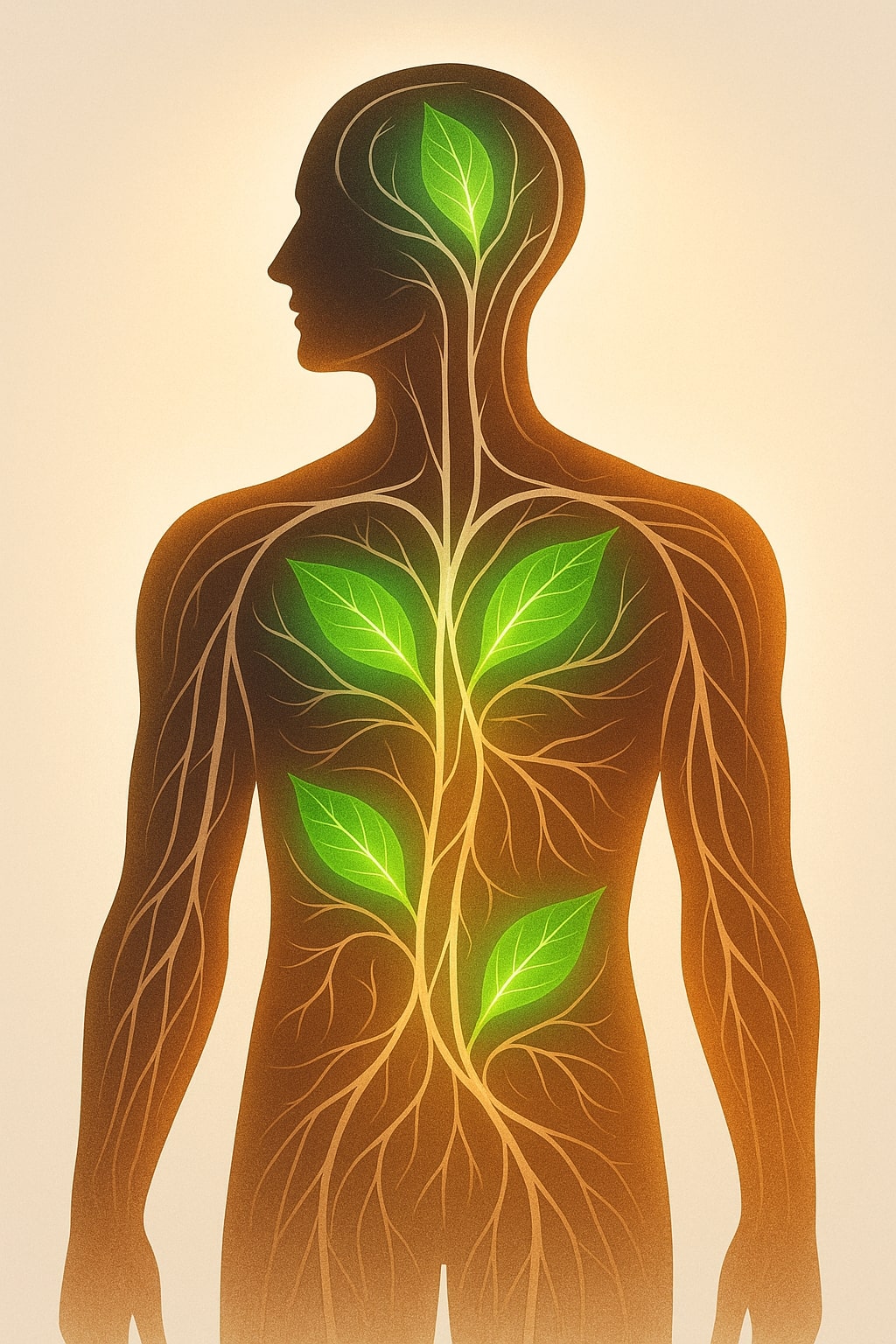 A dynamic, creative illustration of a stylized human body. Inside the body, there are vibrant green, glowing sambiloto leaves flowing through blood vessels, symbolizing improved circulation, immunity, and health. The background is clean and minimalist, with a soft, warm light surrounding the body. The style is modern, elegant, and abstract.