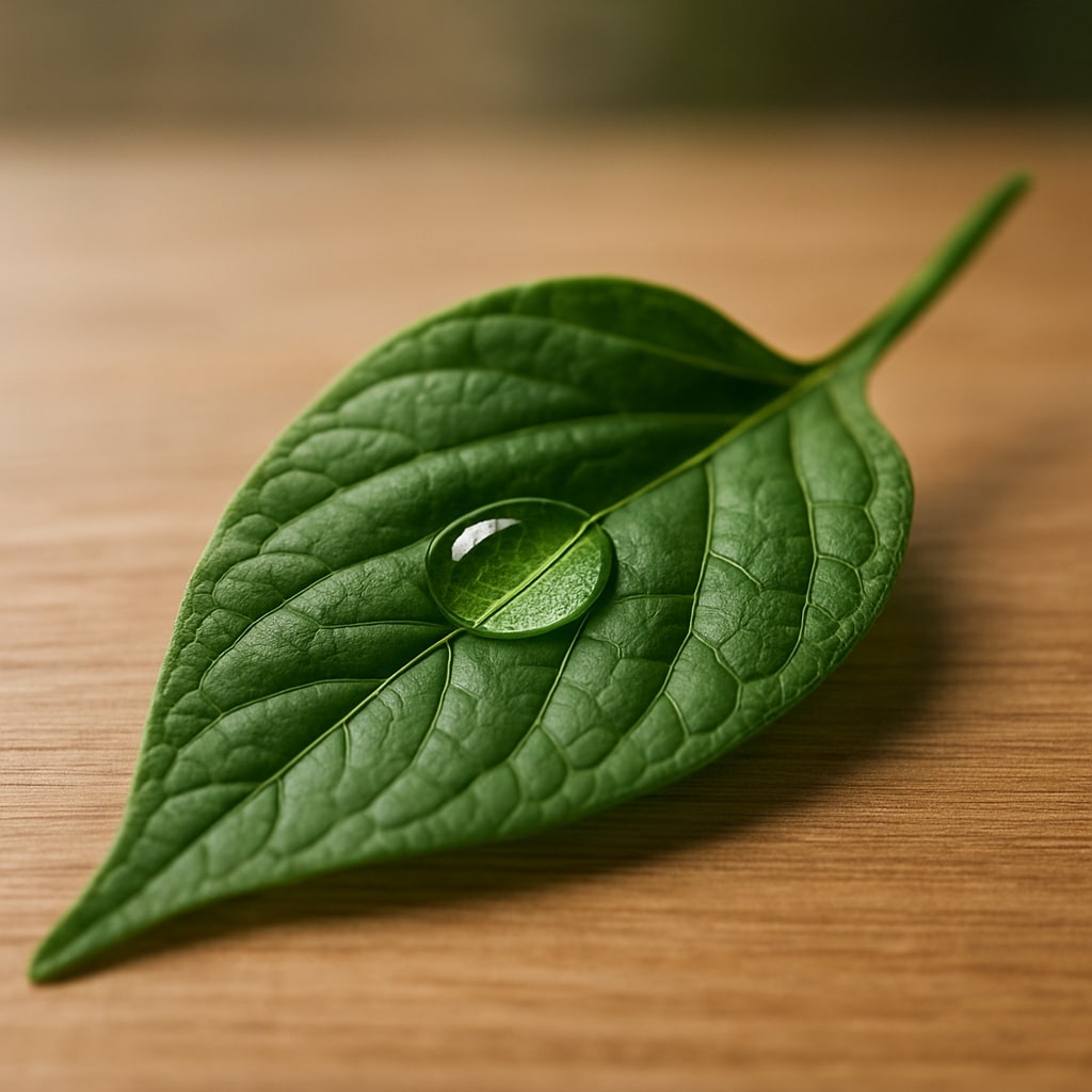 A close-up, high-definition photograph of a single fresh Andrographis paniculata (sambiloto) leaf, rich green in color, with a delicate drop of water on its surface, placed on a smooth, clean wooden table. The lighting should be soft and natural, creating a serene and therapeutic mood. The background is blurred to make the leaf stand out. The style is hyper-realistic and detailed.