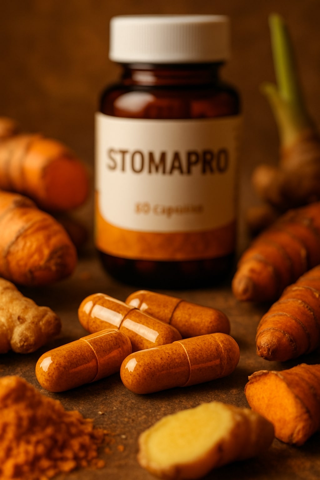 A close-up, macro shot of the Stomapro capsules. The capsules are in focus, with the bottle slightly blurred in the background. In a creative twist, the herbal ingredients (turmeric, ginger, temulawak) are artistically arranged in a way that seems to be flowing or emerging from the capsules themselves, symbolizing the pure, natural contents. The color palette is dominated by earthy yellows, oranges, and browns.