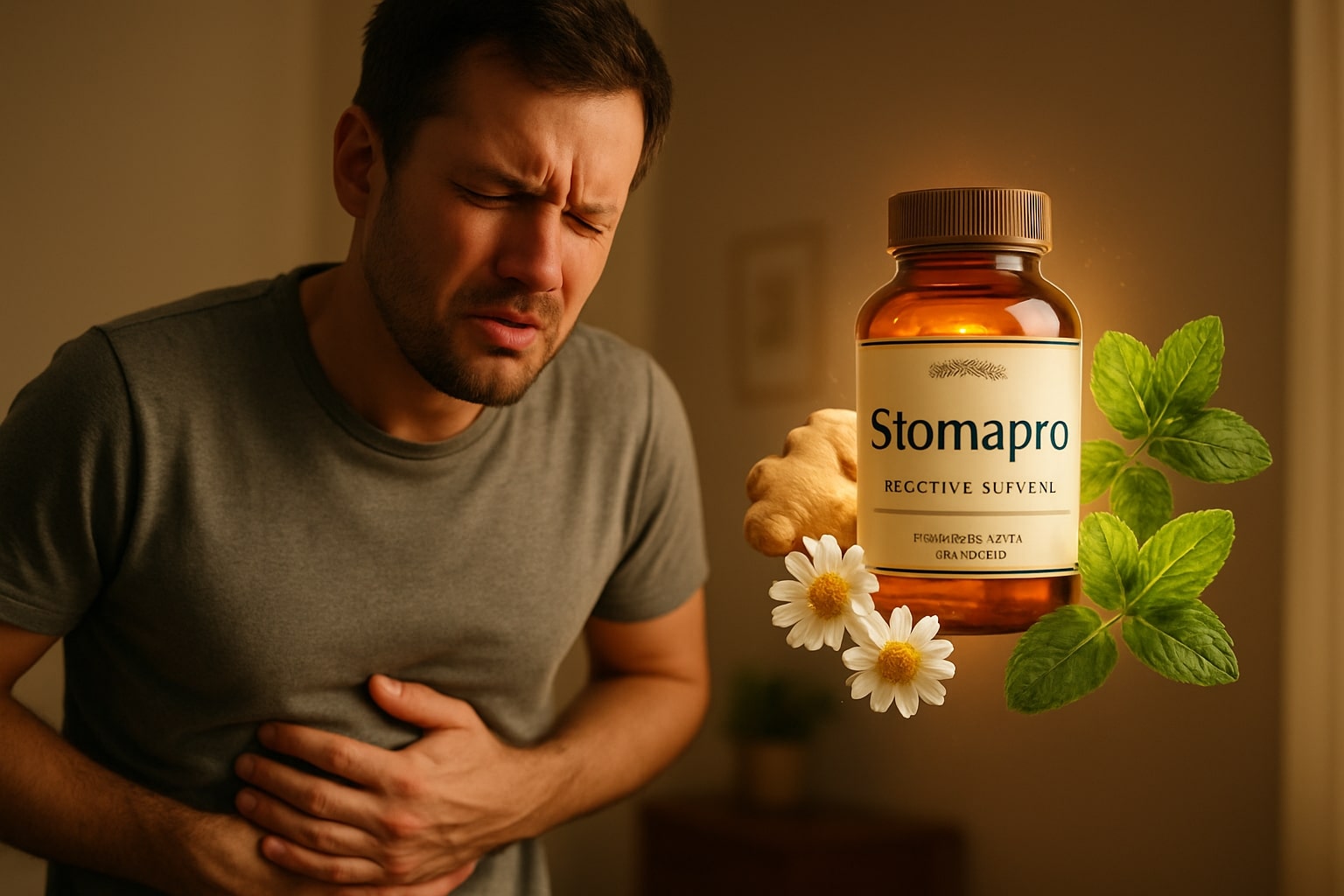 A photorealistic image of a person holding their stomach in discomfort (gesturing "stomach pain") with a thoughtful, hopeful expression. In front of them, there's a glowing, ethereal silhouette of a bottle of Stomapro and the three main herbal ingredients (turmeric, ginger, temulawak) hovering, as if providing a source of relief. The lighting is soft and warm, creating a feeling of comfort and health.