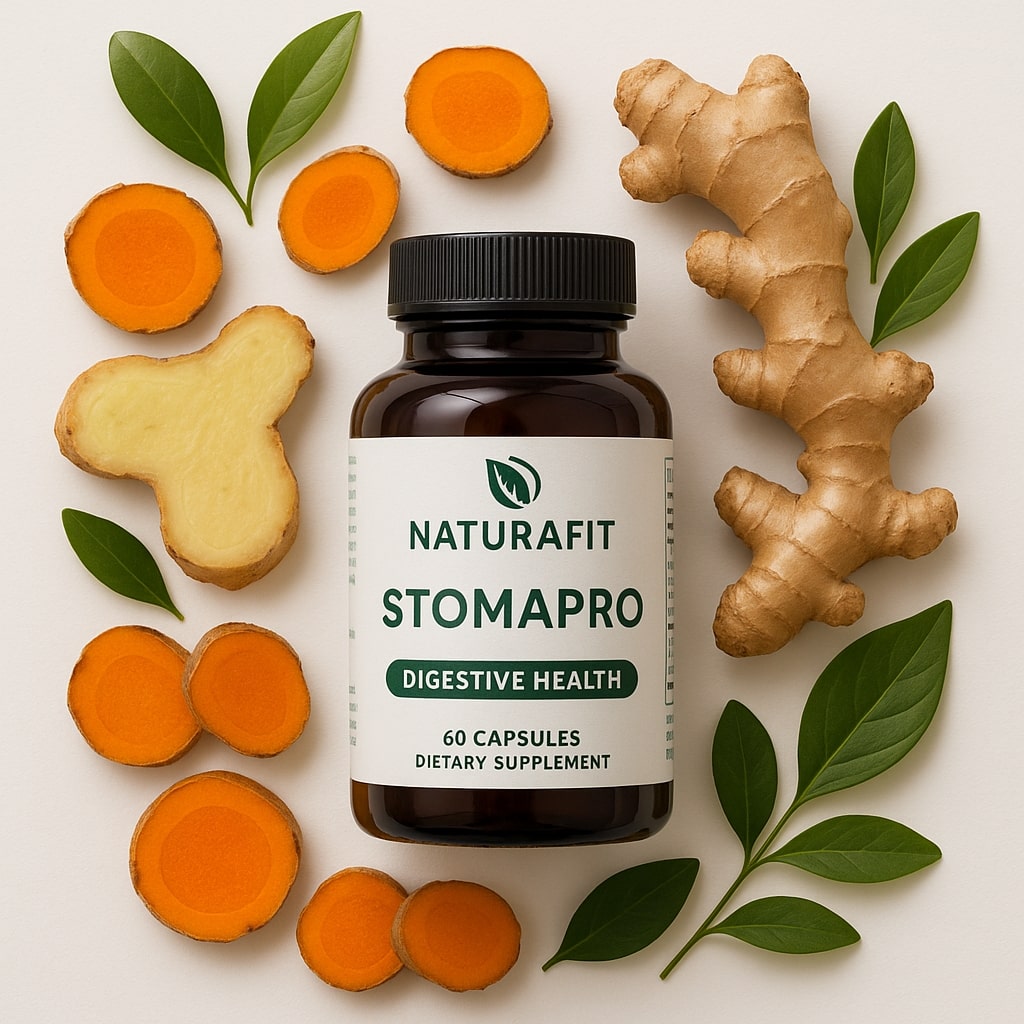 A clean, minimalist flat-lay photo of a bottle of Naturafit Stomapro capsules. The bottle is placed next to three fresh, vibrant herbal ingredients: sliced turmeric, ginger root, and a large rhizome of javanese turmeric (temulawak). The background is a simple, white wooden table with a few green leaves scattered around, emphasizing natural and healthy aesthetics.