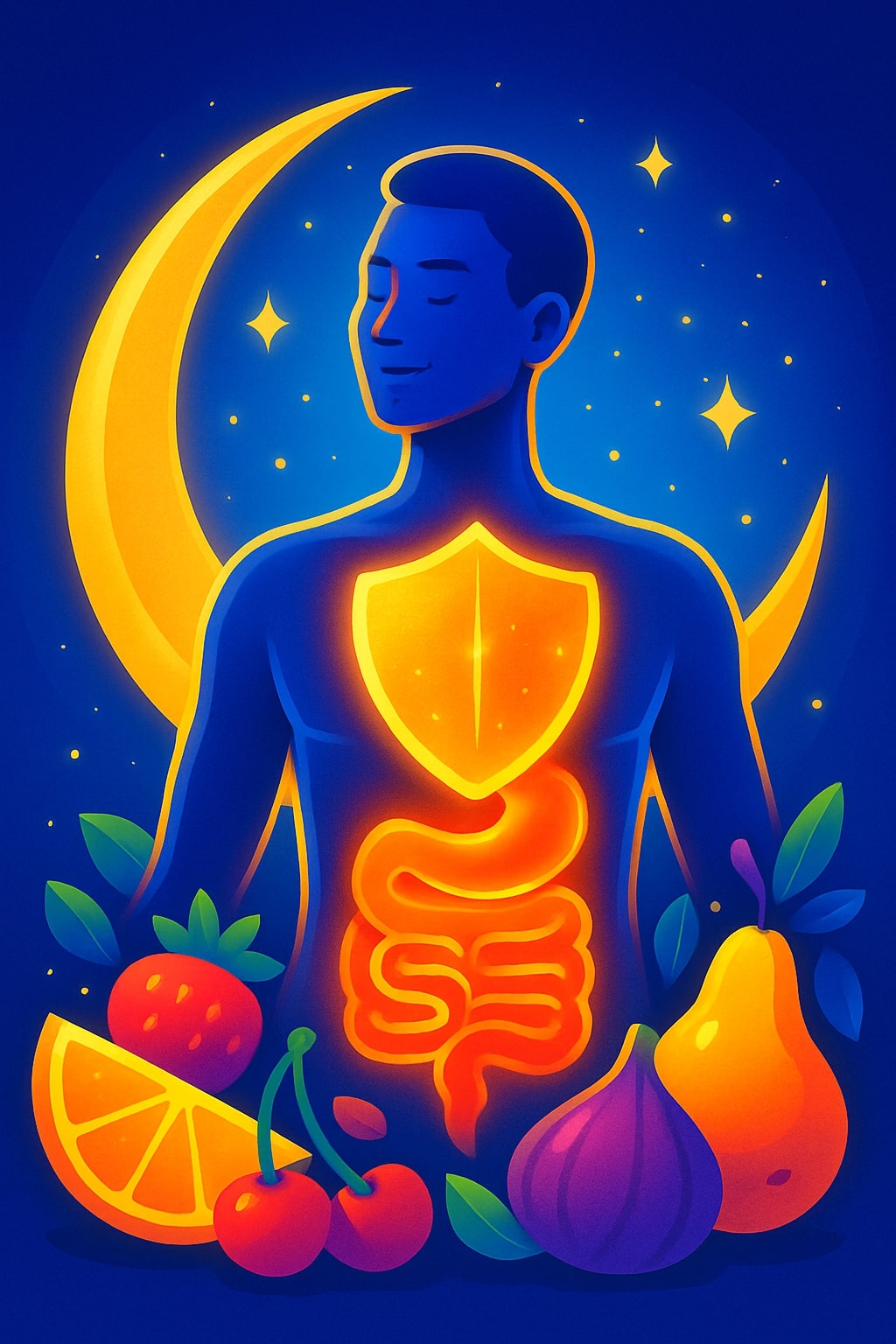 A stylized illustration of the human body's internal systems (digestive, immune) being "recharged" or "cleansed" during Ramadhan. The body is shown glowing with energy, surrounded by positive icons like a crescent moon, fruits, and a bottle of Naturafit Premium capsules. The style is modern, friendly, and vibrant, using bright colors.