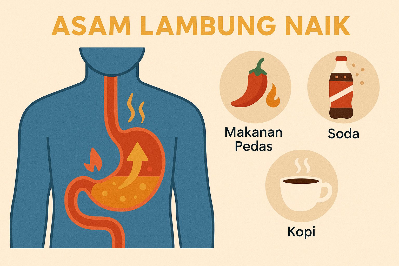 lambung manusia dengan tanda asam lambung naik, ikon makanan pedas, soda, kopi