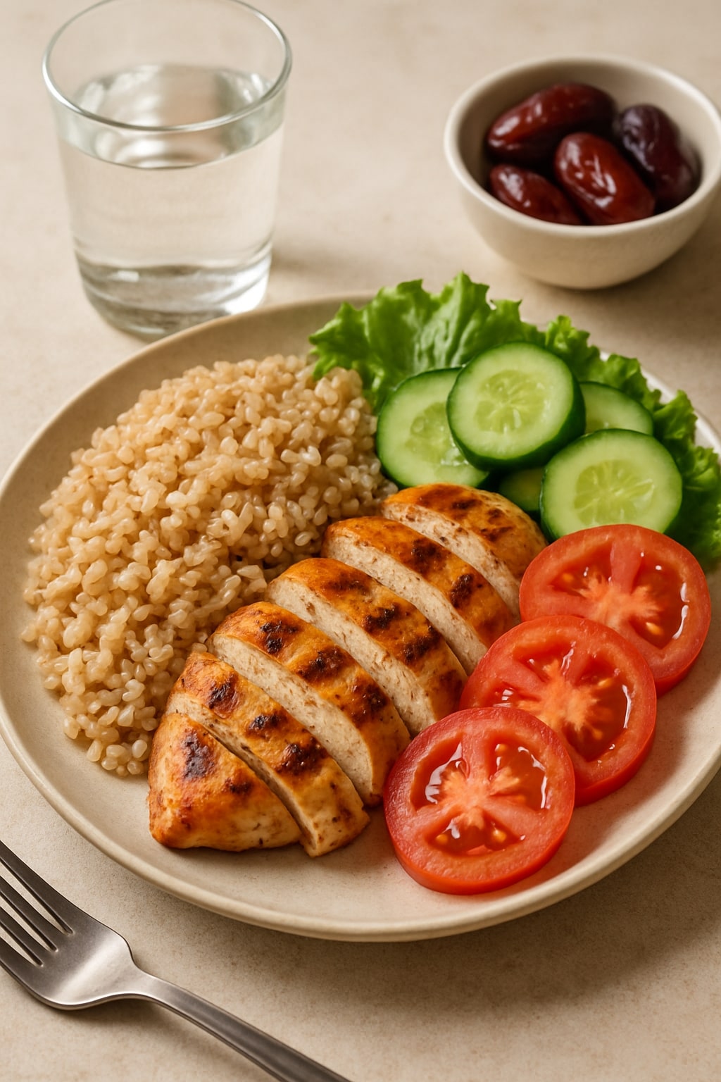 close-up shot of a plate with a balanced sahur meal: brown rice, grilled chicken, and fresh vegetables. Next to the plate is a glass of water and a small bowl of dates. The lighting is soft and inviting, emphasizing the healthy food. The style is clean and appetizing, like a professional food blog photograph.
