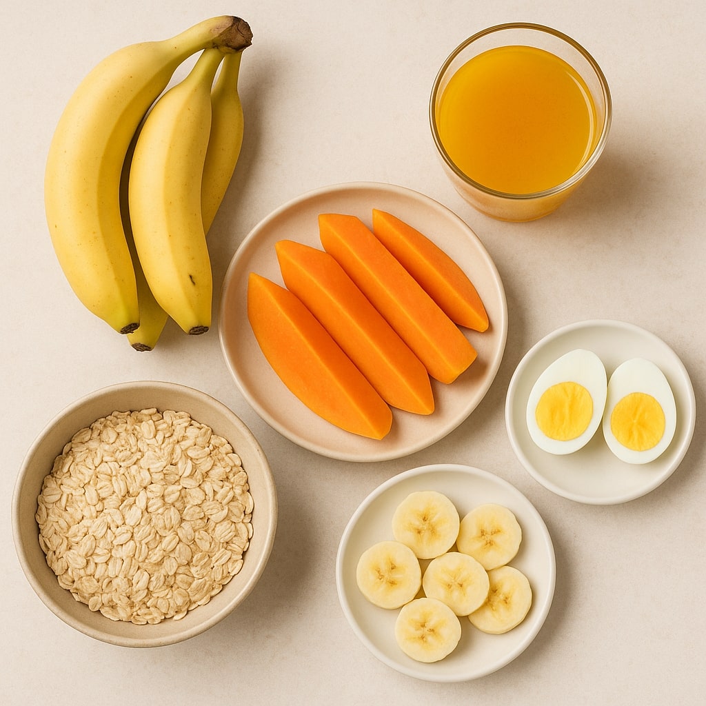Gambar untuk bagian tips: Fotografi dari atas (flat lay) yang menampilkan berbagai makanan sehat untuk sahur dan berbuka, seperti oatmeal, telur rebus, buah-buahan non-asam (pisang, pepaya), dan segelas wedang kunyit. Komposisi rapi dengan sentuhan visual yang menyenangkan dan alami.