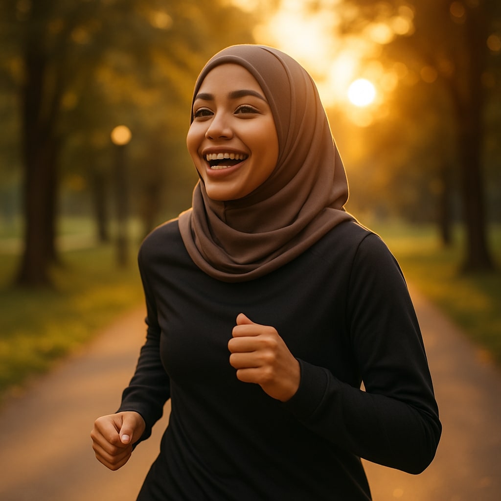 Prompt: A cheerful, healthy-looking young Muslim woman, wearing a hijab, is jogging lightly in a serene park at sunset, just before iftar. She looks energetic and happy. A warm, golden light fills the scene. The image should be in a realistic, cinematic style with a shallow depth of field.