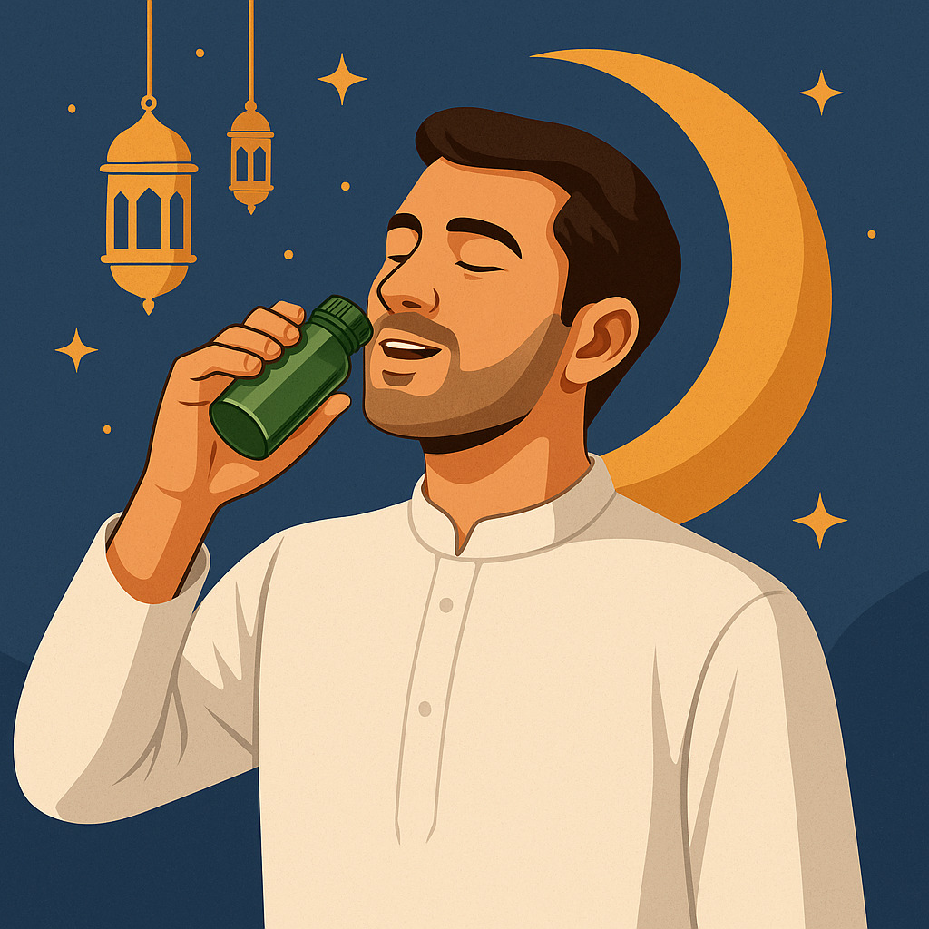 pria muslim berusia 30-an tampak lega setelah minum herbal alami