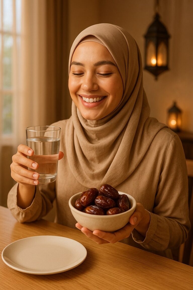 gambar ilustrasi wanita sedang sahur dengan kurma dan air putih