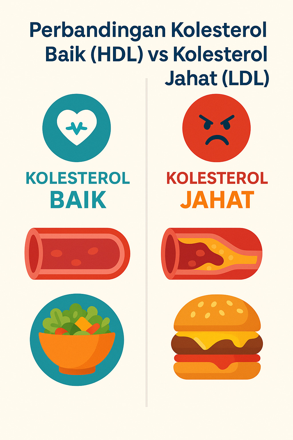 Infografis bergaya modern perbandingan kolesterol baik (HDL) vs kolesterol jahat (LDL)