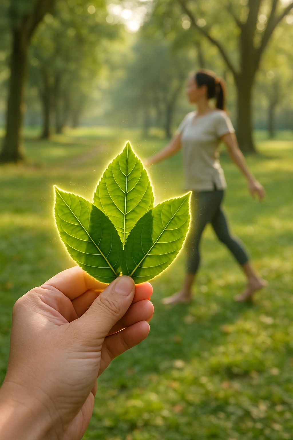 Visual: A hand holding fresh Daun Jati Belanda (Guazuma ulmifolia) leaves, with a subtle, glowing aura around them. In the background, a person is doing light exercise like yoga or walking in a peaceful park. The style should be natural and calming, focusing on the blend of traditional remedy and modern health.